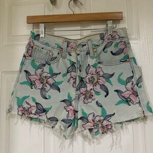 Levi's Floral Jean Shorts - Pink and Green on Light Blue